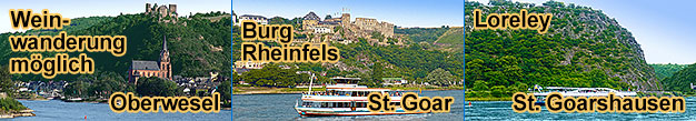 Rheinschifffahrt auf dem Mittelrhein, Oberwesel, St. Goar, Burg Rheinfels, St. Goarshausen, Loreley, Burg Katz, Bacharach, Bingen, Rüdesheim