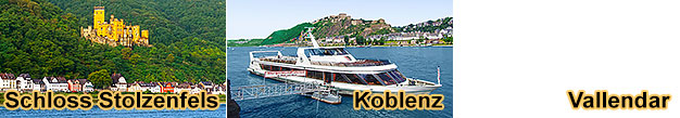 Rheinschifffahrt Koblenz, Schloss Stolzenfels, Burgen-Rundfahrt Braubach, Marksburg, Lahnstein, Burg Lahneck, Vallendar, Deutsches Eck, Festung Ehrenbreitstein, Spay, Rhens, Boppard, St. Goar, Burg Rheinfels